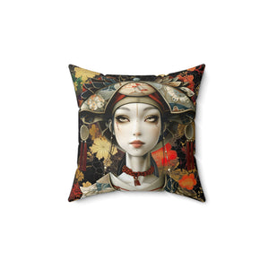 Elegant Floral Geisha Square Aiki Pillow - Artistic Home Décor for Cultural Enthusiasts