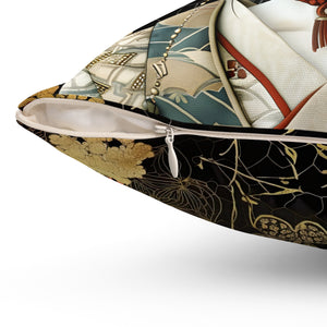 Elegant Floral Geisha Square Aiki Pillow - Artistic Home Décor for Cultural Enthusiasts
