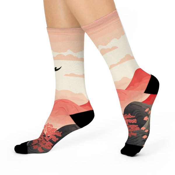 Nature-Inspired Cushioned Crew Aiki Socks with Scenic Landscape Design