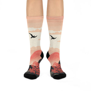 Nature-Inspired Cushioned Crew Aiki Socks with Scenic Landscape Design